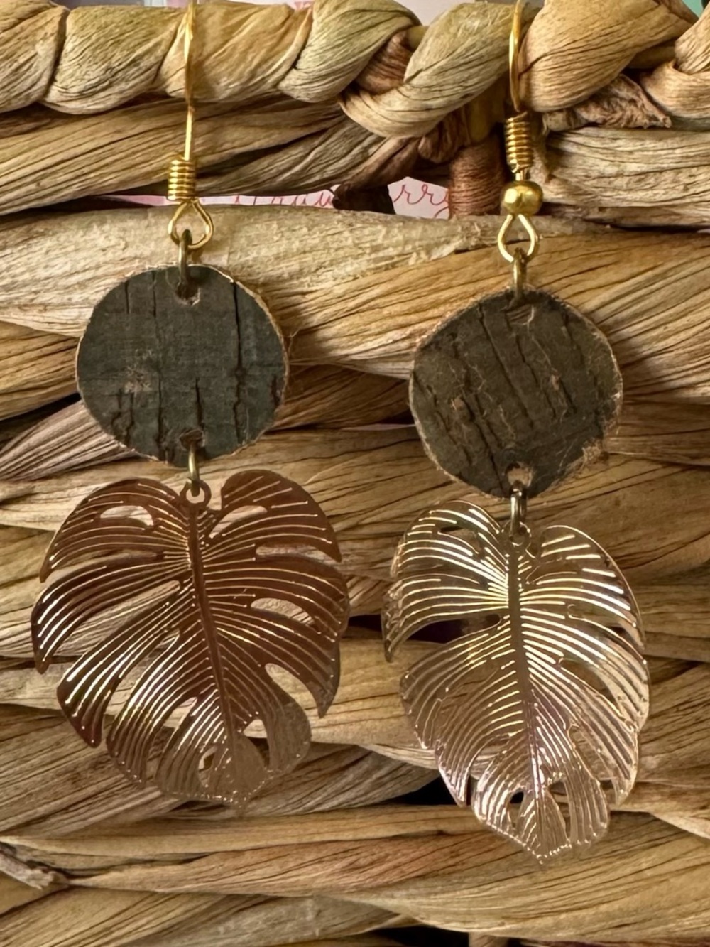 Handmade Gold Look Leaf Monstera Drop Earrings with Cork Accent